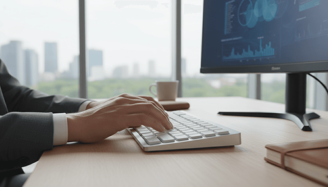 Mains tapant sur un clavier dans un bureau professionnel