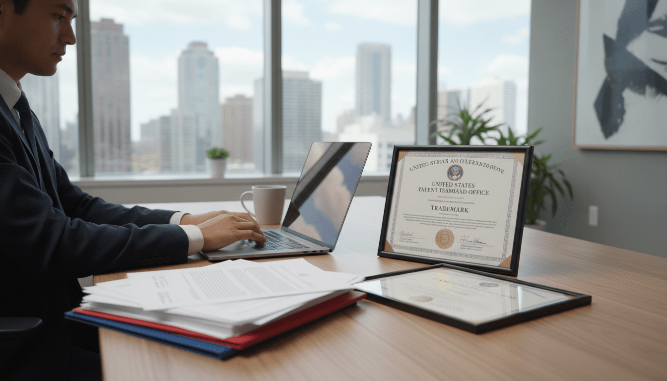 Bureau professionnel avec ordinateur et documents de marques déposées