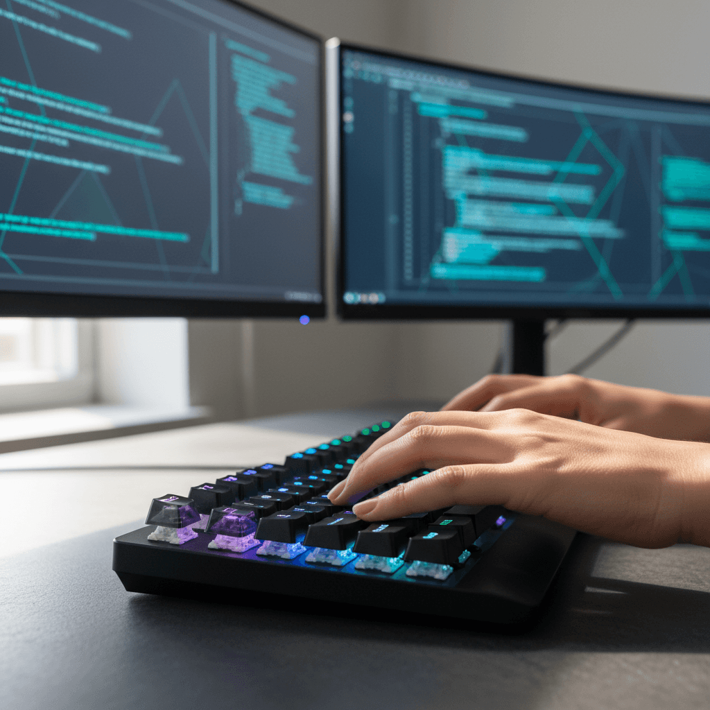 Mains tapant sur un clavier mécanique dans un bureau professionnel