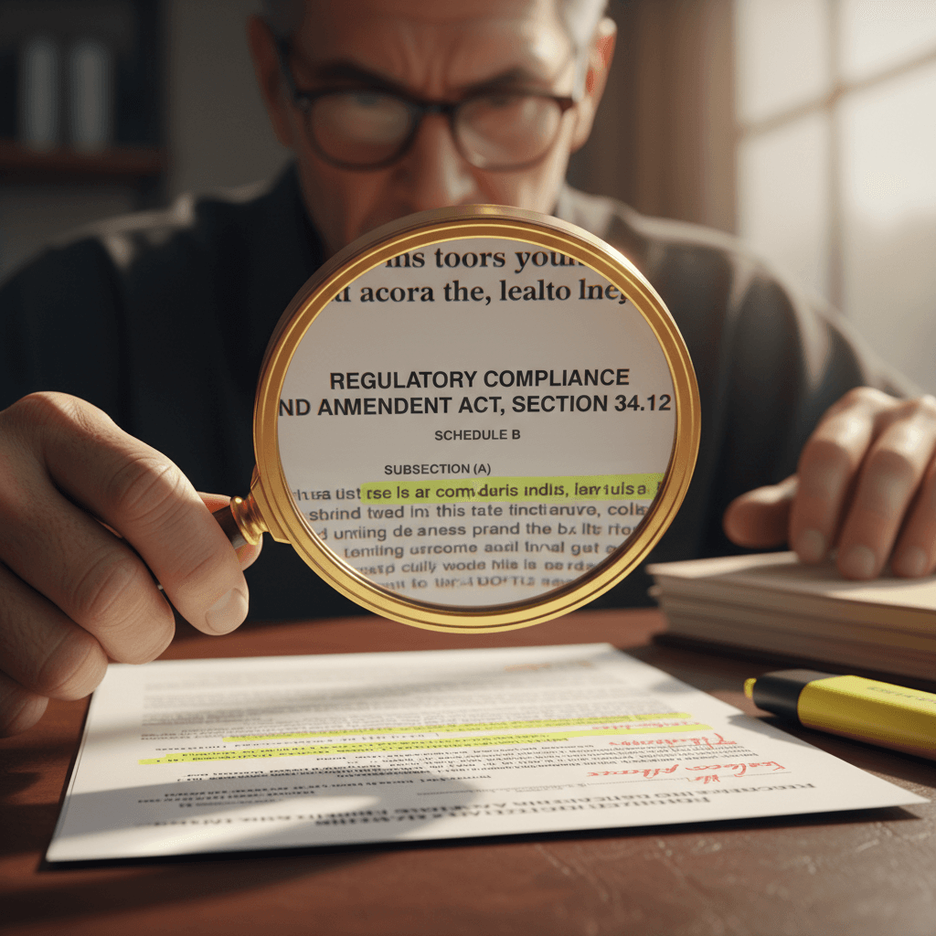 Extreme close-up of lawyer reviewing fine print on legal document with magnifying glass and highlighting pen