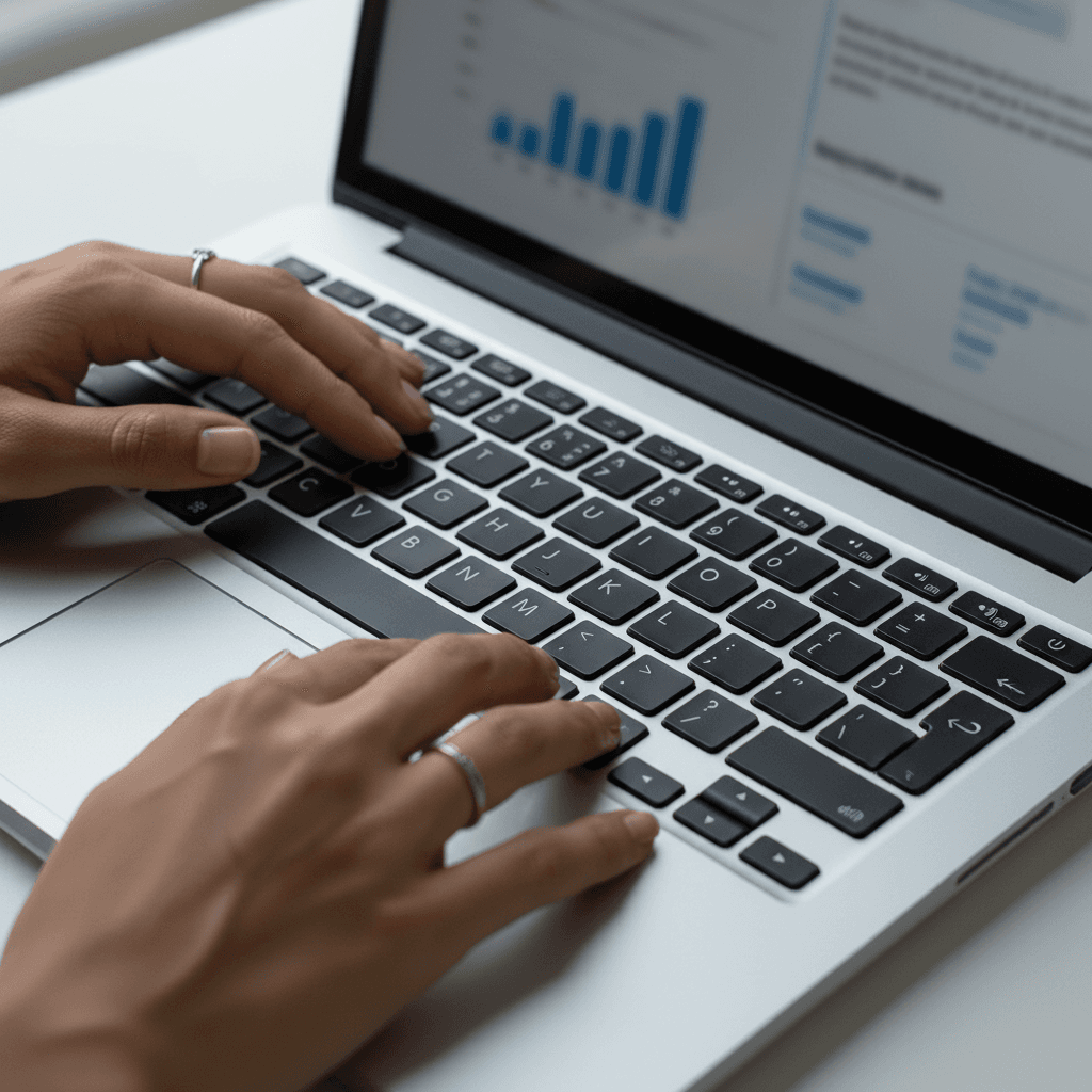 Mains tapant sur clavier d'ordinateur portable avec documents