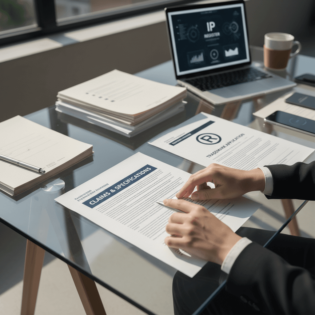 Documents de marque déposée sur un bureau professionnel